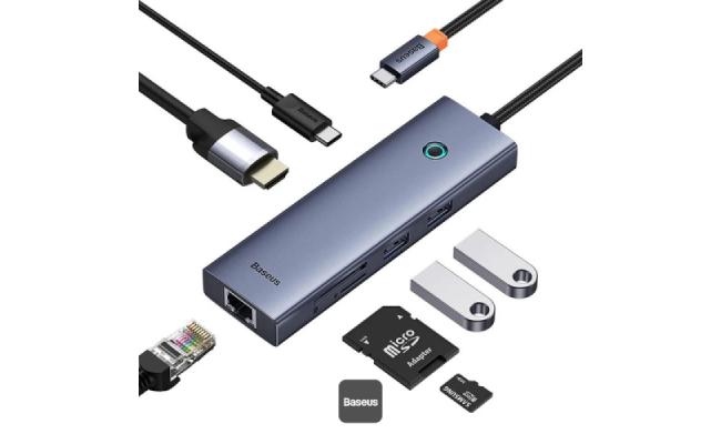 Baseus Flite Series 7-Port HUB Docking Station - 4K Fast Charging, 100W PD, 2 USB 3.0 Ports, HDMI 4K@60Hz, RJ45 1000Mbps, SD/TF Card Reader - Grey